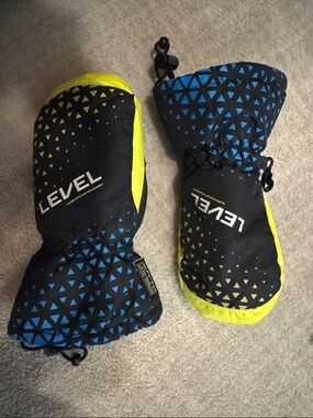 LEVEL Waterproof Ski Mittens in Black + Blue with Neon Yellow Accents